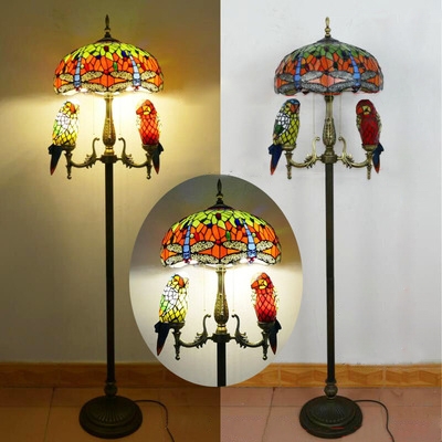 Rustic Stylish Flower Floor Lamp with Parrot Stained Glass 5 Lights Standing Light for Villa