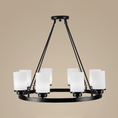 Simple Style Cylinder Chandelier Frosted Glass 3/6/8 Lights Black Pendant Light for Dining Room