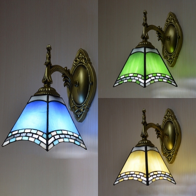 Stained Glass Cone Sconce Light 1 Light Tiffany Style Wall Lamp in Beige/Blue/Green for Bedroom