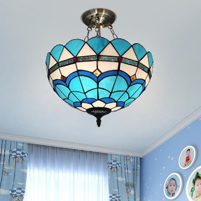 Stained Glass Peacock Tail Chandelier Tiffany Style Nautical Pendant Lamp in Blue for Foyer
