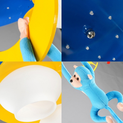 Star Moon Flush Ceiling Light with Toy Monkey Cute Metal Light Fixture in Blue/Pink for Kid Bedroom