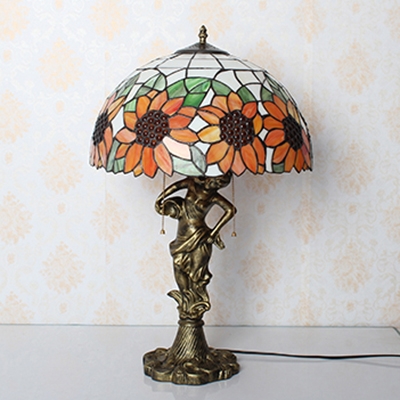 Study Room Sunflower Desk Lamp with Girl Stained Glass Resin Two Lights Brass Table Light