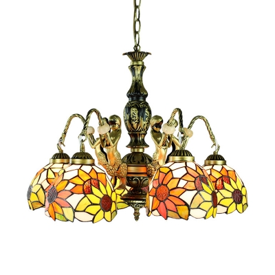 Sunflower Restaurant Suspension Light with Mermaid Stained Glass 5 Lights Tiffany Style Rustic Hanging Light