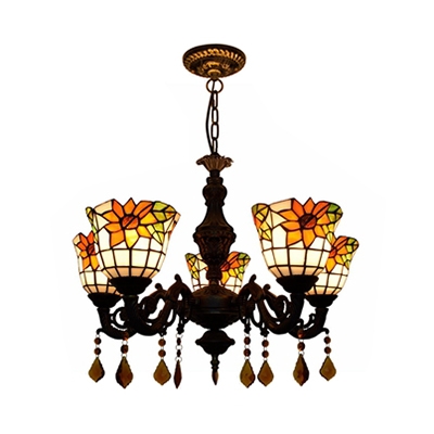 Sunflower Suspension Light 5 Lights Rustic Style Stained Glass Chandelier with Crystal for Living Room