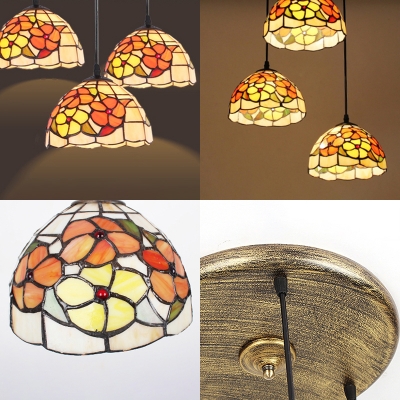 Tiffany Antique Colorful Pendant Light with Dragonfly/Flower/Leaf 3 Lights Glass Ceiling Light for Villa