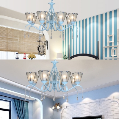 Tiffany Style Suspension Light Cone Shade 8 Lights Blue/Clear/White Glass Chandelier for Dining Room