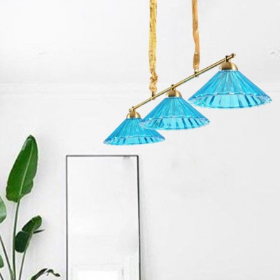 Traditional Blue Island Pendant with Cone Shade 3 Lights Fluted Glass Suspension Light for Hotel