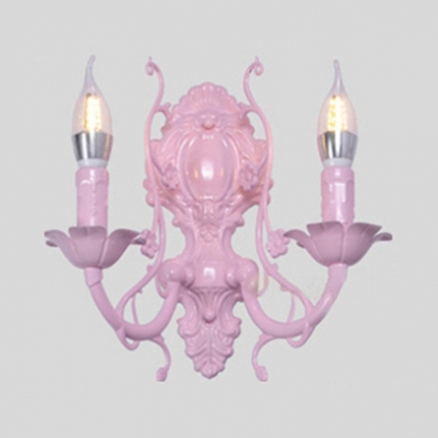 Traditional Candle Shape Sconce Light Metal 1/2 Lights Blue/Pink Sconce Lamp for Girl Bedroom