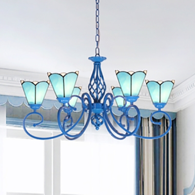 Traditional Cone Shade Hanging Light 6 Lights Glass Metal Chandelier in Blue/White for Dining Room