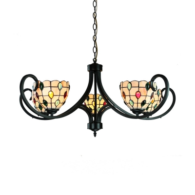 Villa Hotel Bowl Chandelier Glass Metal 5/6/8 Lights Tiffany Style Rustic Hanging Lamp with Colorful Jewelry