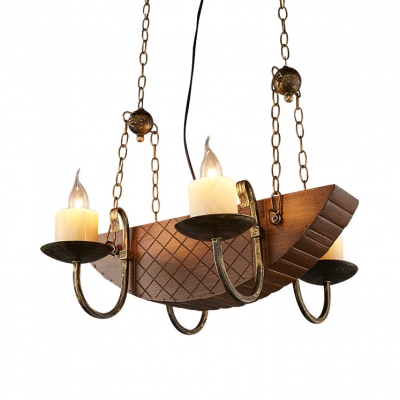 Wood Boat Ceiling Light with Flameless Candle Creative Chandelier in Brown for Restaurant Bar