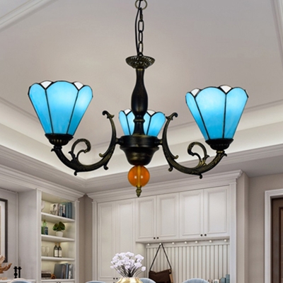 3 Lights Conical Suspension Light Tiffany Style Glass Metal Chandelier in Blue for Study Room