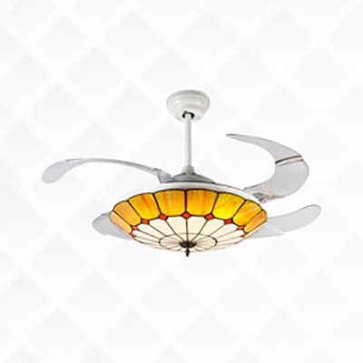 42 Inch Tiffany LED Ceiling Fan Dome Shade Stained Glass Semi Ceiling Mount Light for Hotel