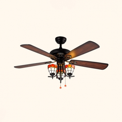 52 Inch Antique Ceiling Light with Pull Chain 3 Lights Wood Ceiling Fan with Pull Chain for Restaurant