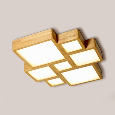 Wood Square LED Ceiling Lamp Child Bedroom 4/7 Heads Creative Flush Mount Light in Warm/White