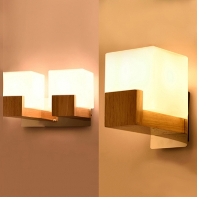 Nodic Style Frosted Glass Shade Wall Light Beside Table with Nature Rubber Wood Base