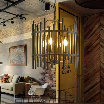 American Rustic Candle Pendant Lamp with Fence Shade Metal 4 Lights Black Chandelier for Balcony