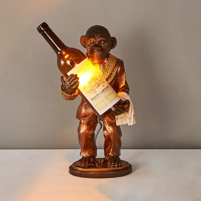 Animal Gold/Red Table Light Monkey & Wine Bottle 1 Head Resin Glass Desk Light for Restaurant