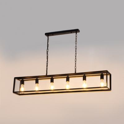 Black/Brass Rectangle Suspension Light 5/6 Lights Vintage Style Metal Island Lamp for Cafe