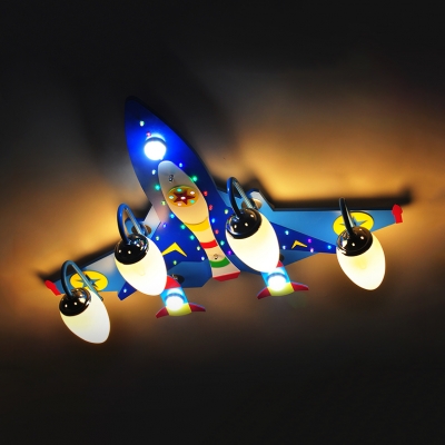 Cartoon Airplane LED Flush Ceiling Light Glass Wood Ceiling Lamp in Blue for Boys Bedroom