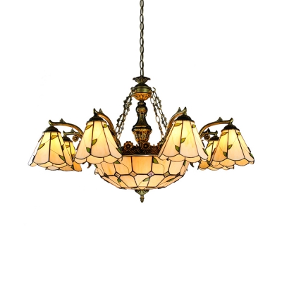 Cone Dome Living Room Chandelier with Leaf Glass Tiffany Style Vintage Pendant Light in Beige