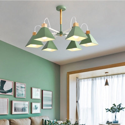 Contemporary Green/Gray/Pink Chandelier Trapezoid 6 Lights Metal Hanging Light for Living Room