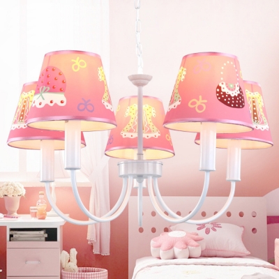 Cute Pink Suspension Light with Tapered Shade 5 Lights Metal Fabric Chandelier for Girl Bedroom