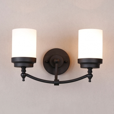 Cylinder Shade Stair Wall Light Frosted Glass 2 Lights American Rustic Sconce Lamp in Black
