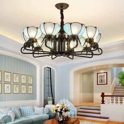 Dome Shade Living Room Chandelier Glass Metal 10 Lights Antique Style Hanging Lamp in Blue