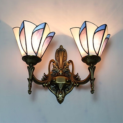 Flower Living Room Sconce Light Stained Glass 2 Lights Tiffany Style Antique Wall Light