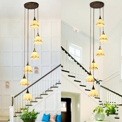 Glass Bowl Shade Hanging Light 6/12 Lights Traditional Pendant Lamp in White for Swirled Stair