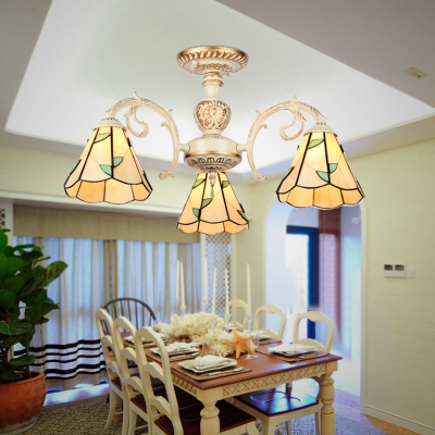 Glass Cone Shade Suspension Light with Leaf Foyer Bedroom 3/5/6/8 Lights Tiffany Style Chandelier in Beige