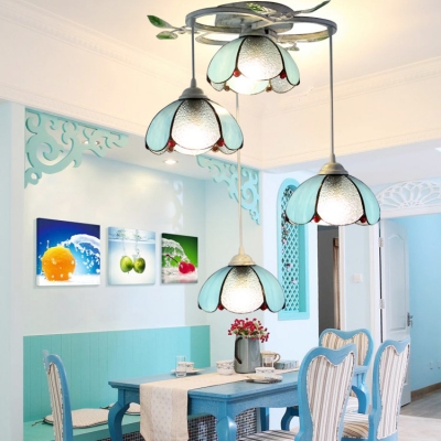 Glass Dome Shade Pendant Light Living Room Hotel 4 Heads Tiffany Stylish Ceiling Lamp with 5 Designs for Option
