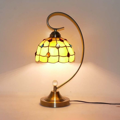 Glass Lattice Bowl Desk Light with Bead 1 Light Simple Style Tiffany Table Light in Beige/Yellow for Hotel