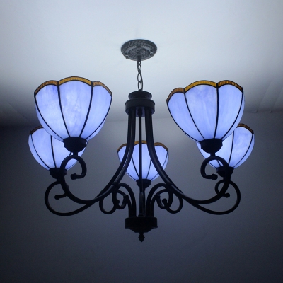 Glass Petal Hanging Lamp Dining Room Restaurant 5 Lights Tiffany Style Chandelier in Blue/Yellow