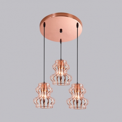 Gourd Cage Cafe Pendant Light with Linear/Round Canopy Metal 3 Lights Creative Ceiling Light in Rose Gold