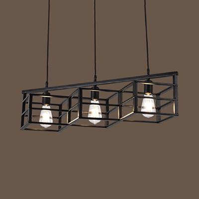Industrial Rectangle Cage Pendant Light 3 Lights Metal Hanging Light in Black for Restaurant