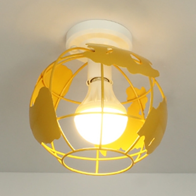 Modern Globe Cage Flush Ceiling Light 1 Light Metal Ceiling Lamp in Blue/Green/Red/Yellow for Bedroom