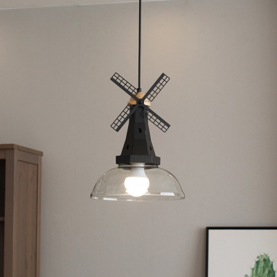 Industrial Black Ceiling Pendant Dome Shade 1 Light Clear Glass Hanging Light with Windmill for Restaurant