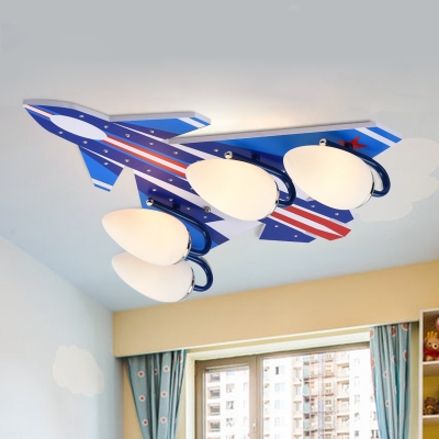Kid Bedroom Airplane Semi Ceiling Mount Light Wood Creative Blue/Red LED Ceiling Light