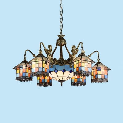 Living Room House Chandelier Stained Glass 9 Lights Tiffany Style Antique Pendant Lamp with Mermaid