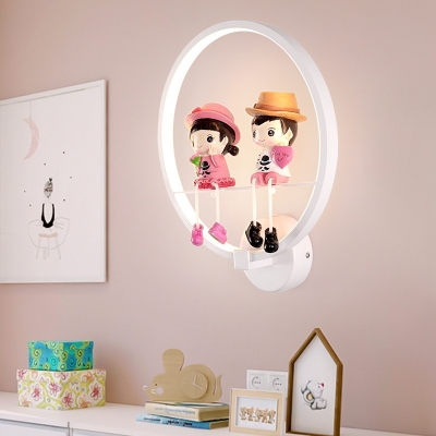 Lovely White Wall Lamp with Toy Decoration Circle Metal Sconce Light for Children Bedroom