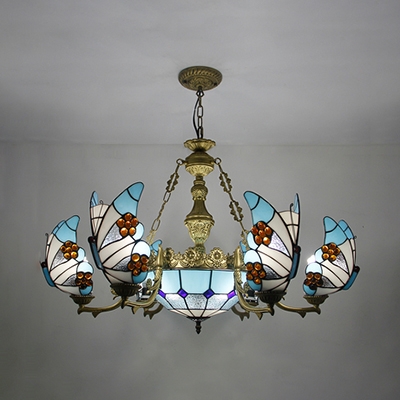 Mediterranean Style Dome Chandelier with Butterfly Glass 7/9 Lights Blue Pendant Lamp for Restaurant