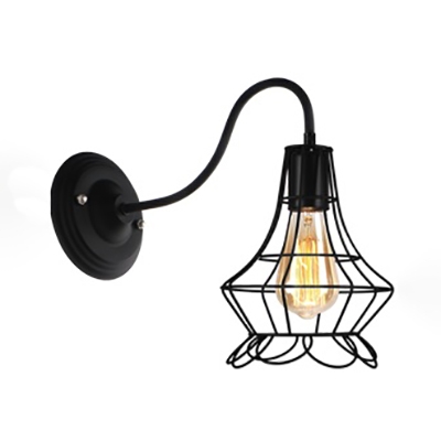 One Light Wire Frame Wall Sconce Retro Loft Iron Wall Light in Black for Stair Restaurant