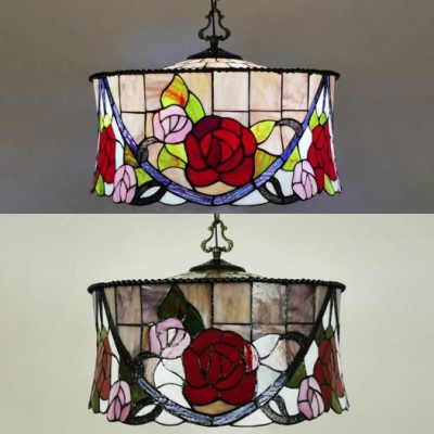 Restaurant Rose Pendant Light with Grid Drum Stained Glass 3 Lights Tiffany Rustic Hanging Light