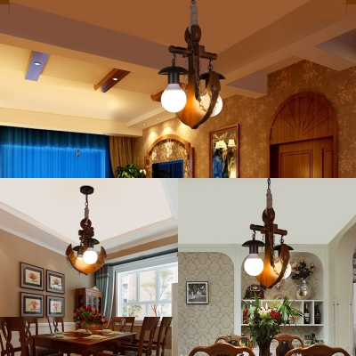 Rustic Style Anchor Pendant Light Wood 2 Lights Brown Chandelier for Dining Table Hallway