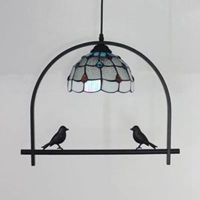 Rustic Style Black Pendant Light Dome Shade 1 Light Glass Hanging Light with Bird Decoration for Balcony