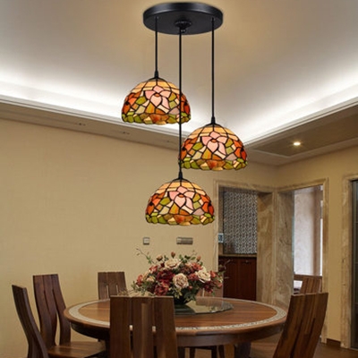 Rustic Style Floral Theme Ceiling Light 3 Lights Stained Glass Flush Light for Dining Table