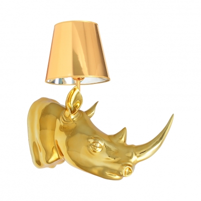 Rustic Tapered Shade Wall Light Metal 1 Light Gold/Silver Sconce Lamp with Rhinoceros for Restaurant