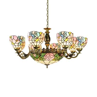 Stained Glass Flower Chandelier 11 Lights Tiffany Style Rustic Hanging Light for Hotel